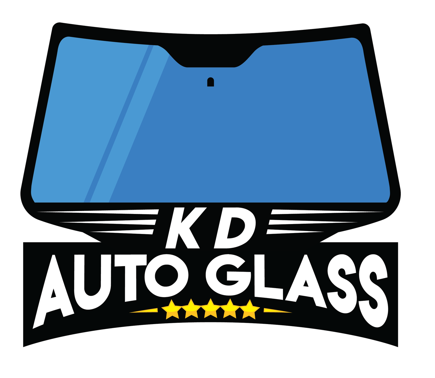 KD Auto Glass logo — blue windshield with 5-star badge